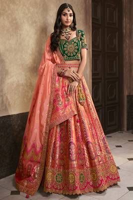 Multicolor Silk Jaquard Woven with Heavy Thread Embroidery, Zari, Sequins With Diamond Work Lehenga Choli 1