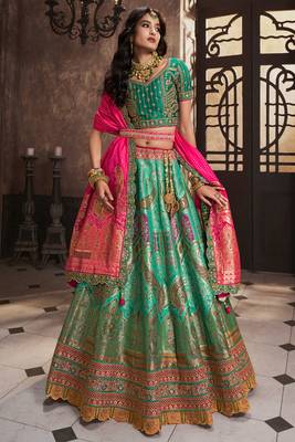 Rama Green Silk Jaquard Woven with Heavy Thread Embroidery, Zari, Sequins With Diamond Work Lehenga Choli 1