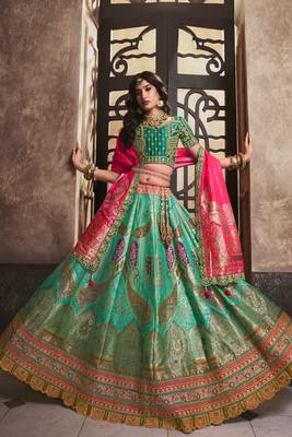 Rama Green Silk Jaquard Woven with Heavy Thread Embroidery, Zari, Sequins With Diamond Work Lehenga Choli 2