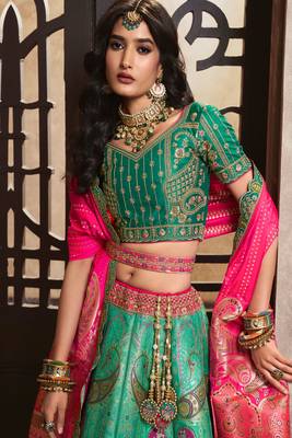 Rama Green Silk Jaquard Woven with Heavy Thread Embroidery, Zari, Sequins With Diamond Work Lehenga Choli 3