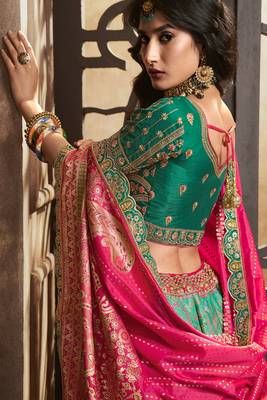 Rama Green Silk Jaquard Woven with Heavy Thread Embroidery, Zari, Sequins With Diamond Work Lehenga Choli 4