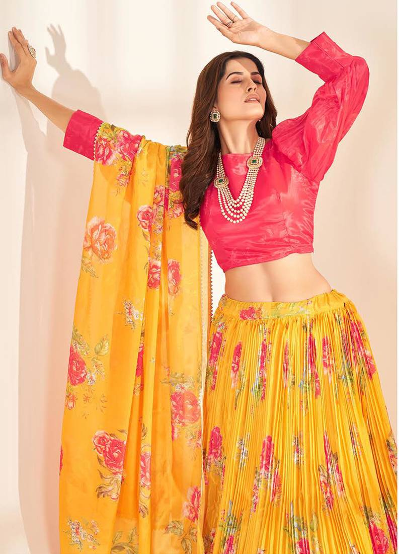 Red Yellow Organza Silk Digital Print Umbrella Lehenga Choli Set