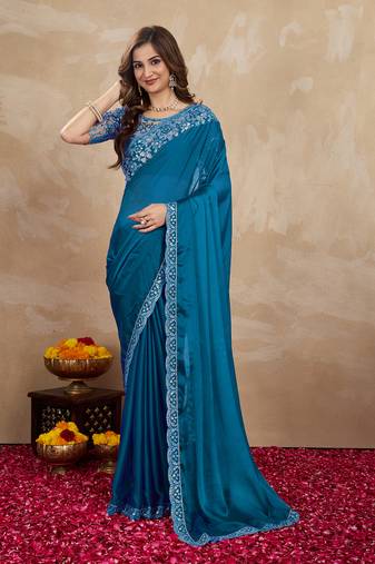 Blue Silk Blend Embroidered Border saree With Unstitched Designer Blouse