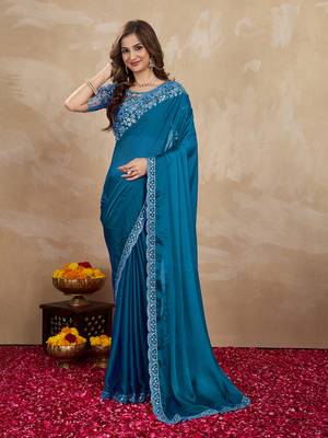 Blue Silk Blend Embroidered Border saree With Unstitched Designer Blouse 1