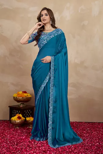 Trendmalls Blue Silk Blend Embroidered Border saree With Unstitched Designer Blouse