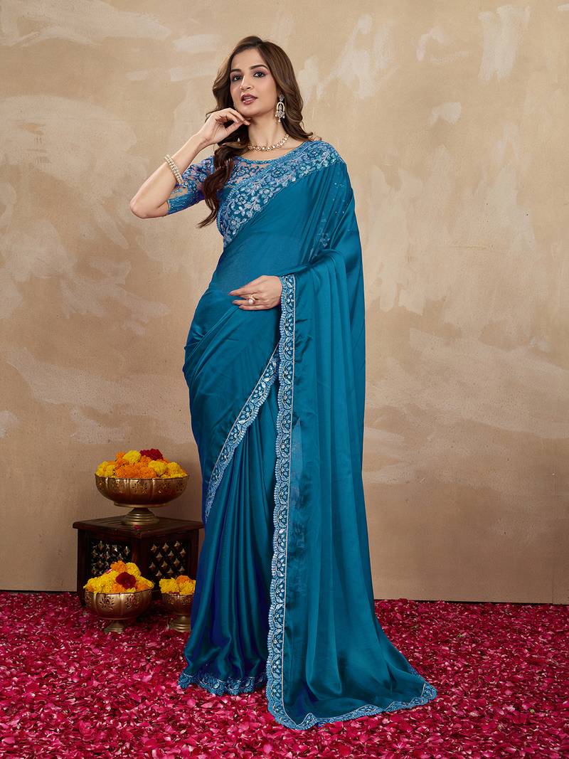 Blue Silk Blend Embroidered Border saree With Unstitched Designer Blouse