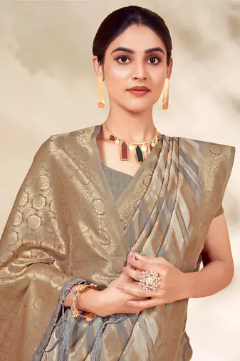 Sangam Prints Grey Cotton Thread Work Traditional Tassels Saree