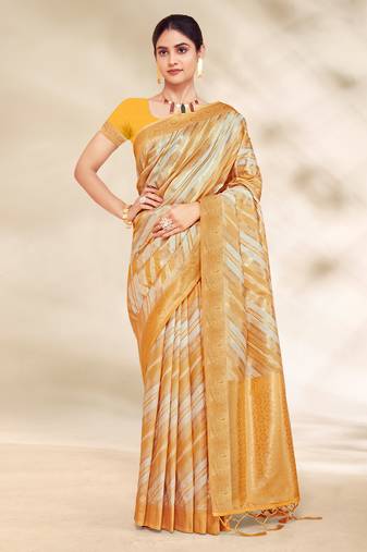 Sangam Prints Mustard Cotton Thread Work Traditional Tassels Saree