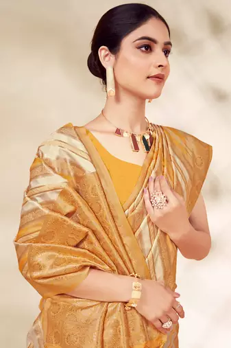 Sangam Prints Mustard Cotton Thread Work Traditional Tassels Saree