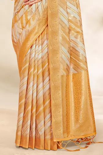 Sangam Prints Mustard Cotton Thread Work Traditional Tassels Saree