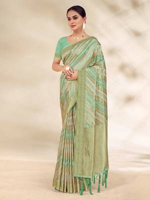 Sangam Prints Green Cotton Thread Work Traditional Tassels Saree 1
