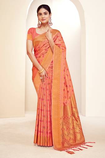 Sangam prints peach banarasi silk woven work traditional tassels saree