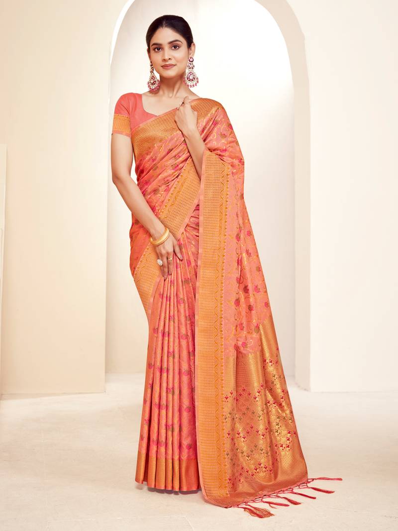 Sangam prints peach banarasi silk woven work traditional tassels saree