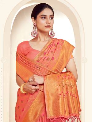 Sangam prints peach banarasi silk woven work traditional tassels saree 2