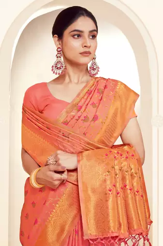 Sangam prints peach banarasi silk woven work traditional tassels saree