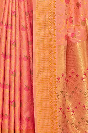Sangam prints peach banarasi silk woven work traditional tassels saree