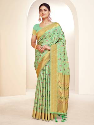 Sangam prints green banarasi silk woven work traditional tassels saree 1