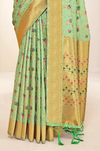 Sangam prints green banarasi silk woven work traditional tassels saree