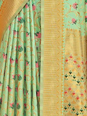 Sangam prints green banarasi silk woven work traditional tassels saree 4