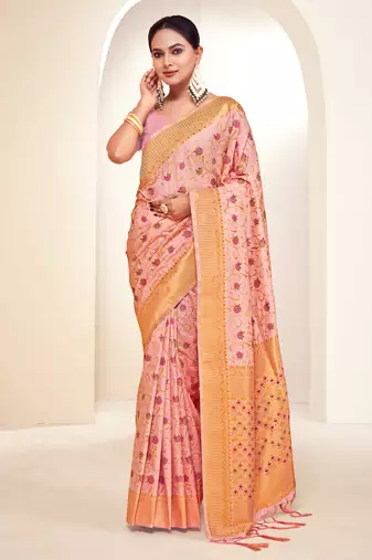 Sangam prints pink banarasi silk woven work traditional tassels saree