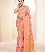 Sangam prints pink banarasi silk woven work traditional tassels saree