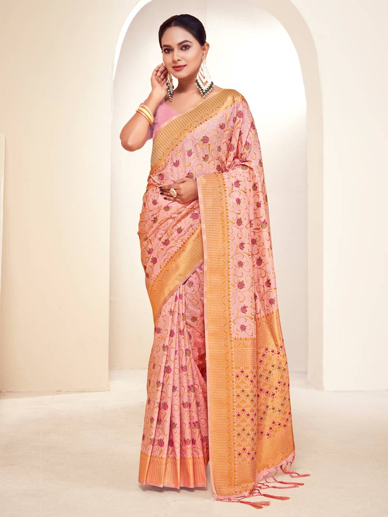 Sangam prints pink banarasi silk woven work traditional tassels saree