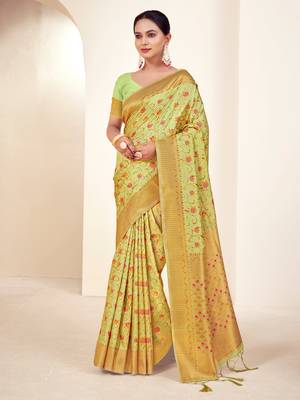 Sangam prints light green banarasi silk woven work traditional tassels saree 1