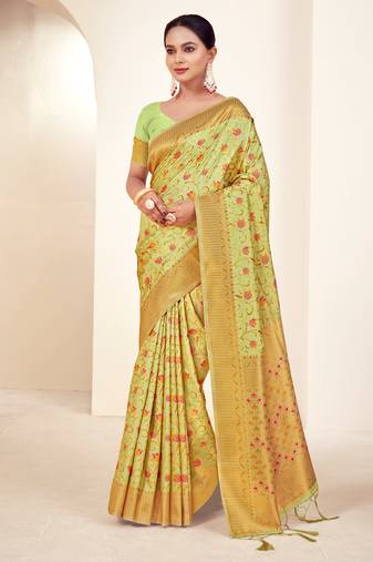 Sangam prints light green banarasi silk woven work traditional tassels saree