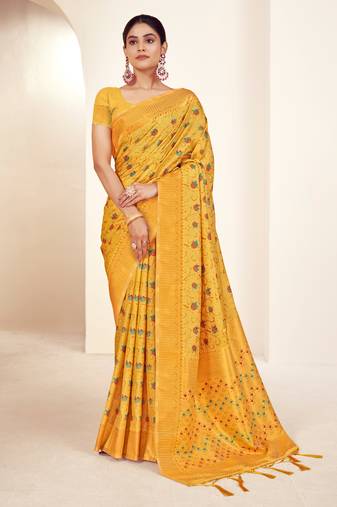 Sangam prints mustard banarasi silk woven work traditional tassels saree