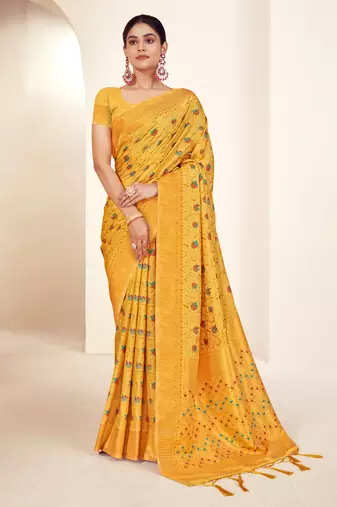 Sangam prints mustard banarasi silk woven work traditional tassels saree