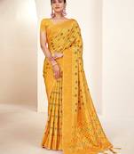Sangam prints mustard banarasi silk woven work traditional tassels saree