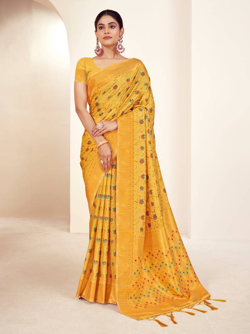 Sangam prints mustard banarasi silk woven work traditional tassels saree