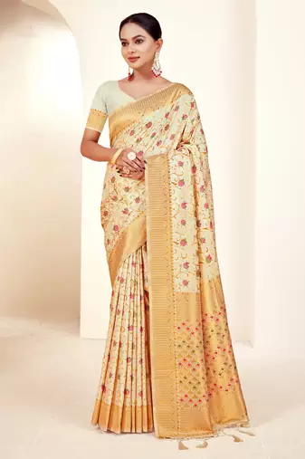Sangam prints cream banarasi silk woven work traditional tassels saree