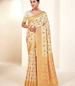 Sangam prints cream banarasi silk woven work traditional tassels saree