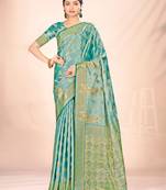 Sangam Prints Turquiose Satin Silk Woven Work Traditional Tassels Saree