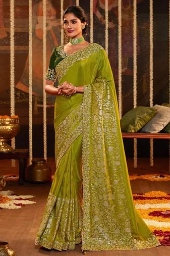 Green Silk Saree Jacquard Embroidery Work Saree for Women