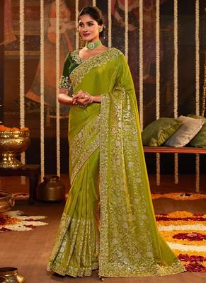 Green Silk Saree Jacquard Embroidery Work Saree for Women 1