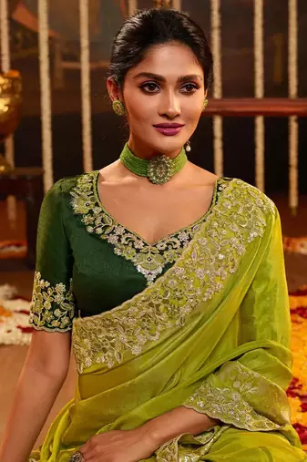 Trendmalls Green Silk Saree Jacquard Embroidery Work Saree for Women