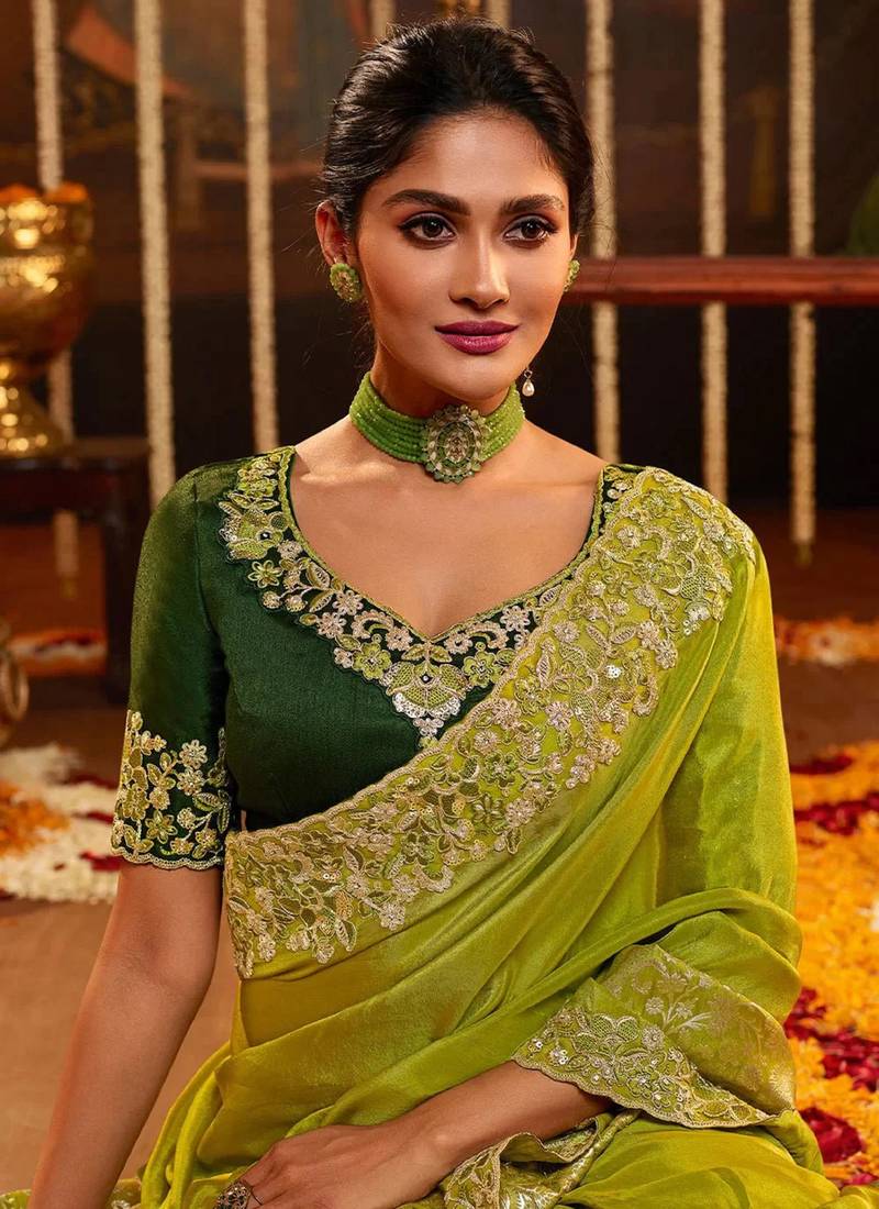 Green Silk Saree Jacquard Embroidery Work Saree for Women