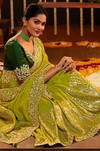 Trendmalls Green Silk Saree Jacquard Embroidery Work Saree for Women