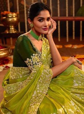 Green Silk Saree Jacquard Embroidery Work Saree for Women 5