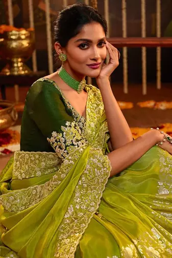 Trendmalls Green Silk Saree Jacquard Embroidery Work Saree for Women