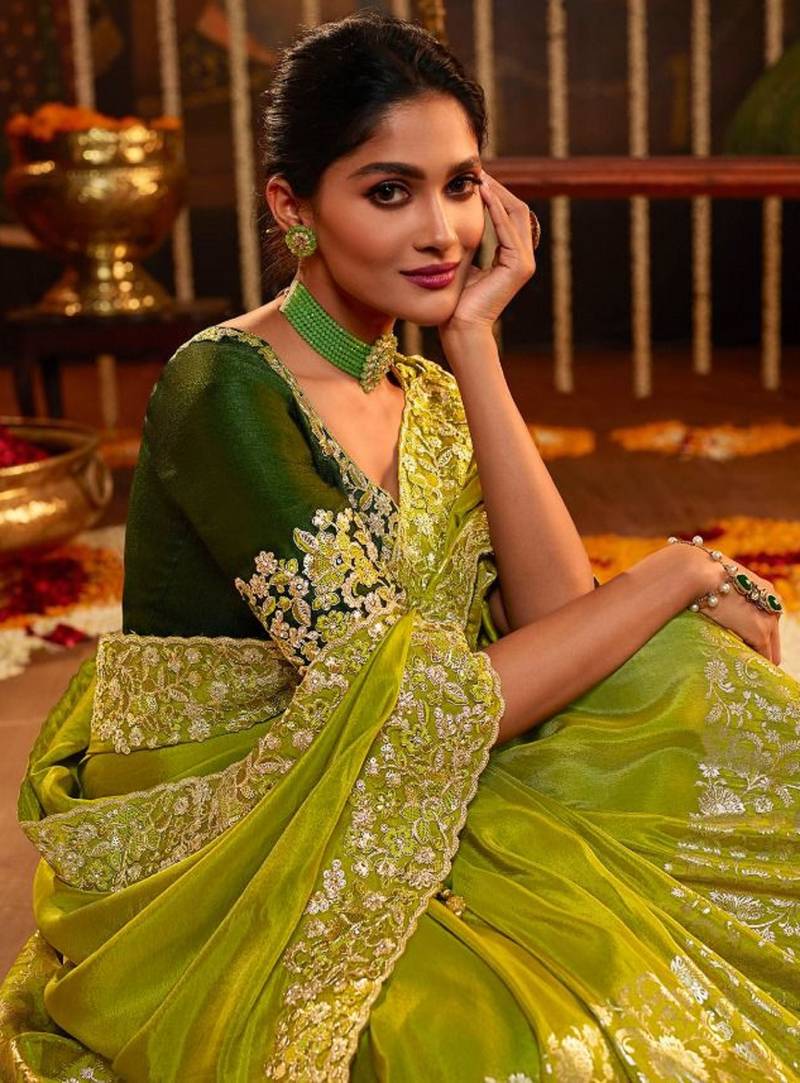 Green Silk Saree Jacquard Embroidery Work Saree for Women