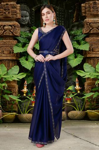 Trendmalls Plain Satin Navy Blue Saree With Swarovski Work Border and Belt 