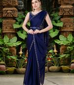 Trendmalls Plain Satin Navy Blue Saree With Swarovski Work Border and Belt 