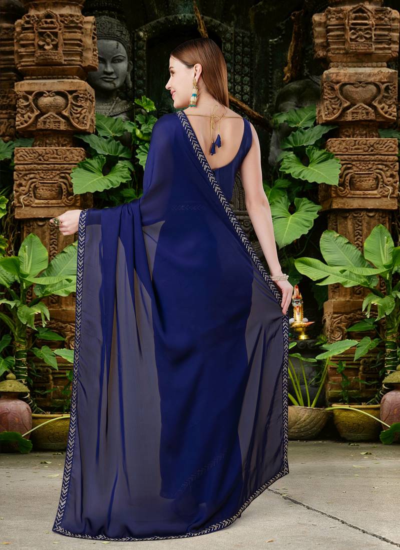 Trendmalls Plain Satin Navy Blue Saree With Swarovski Work Border and Belt 