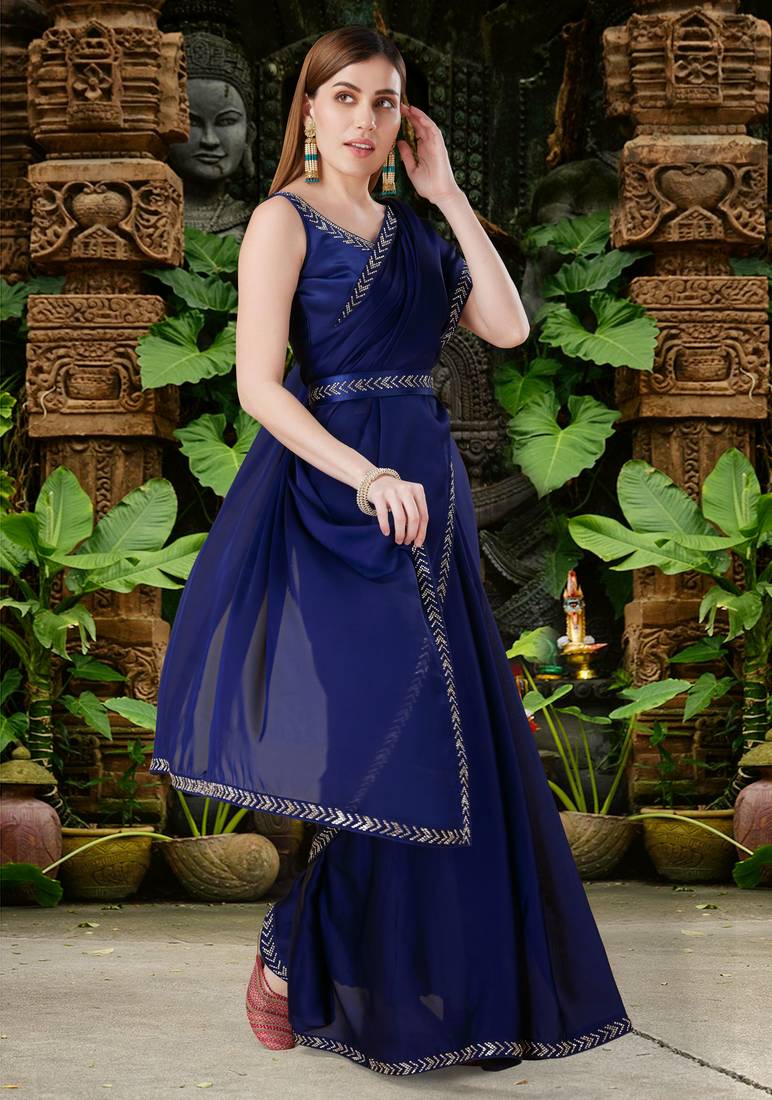 Trendmalls Plain Satin Navy Blue Saree With Swarovski Work Border and Belt 