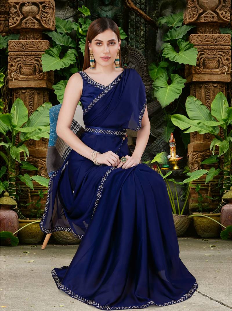 Trendmalls Plain Satin Navy Blue Saree With Swarovski Work Border and Belt 