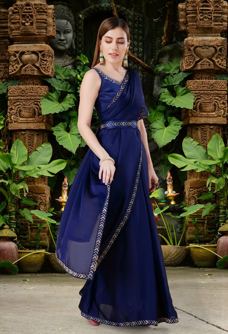 Trendmalls Plain Satin Navy Blue Saree With Swarovski Work Border and Belt 