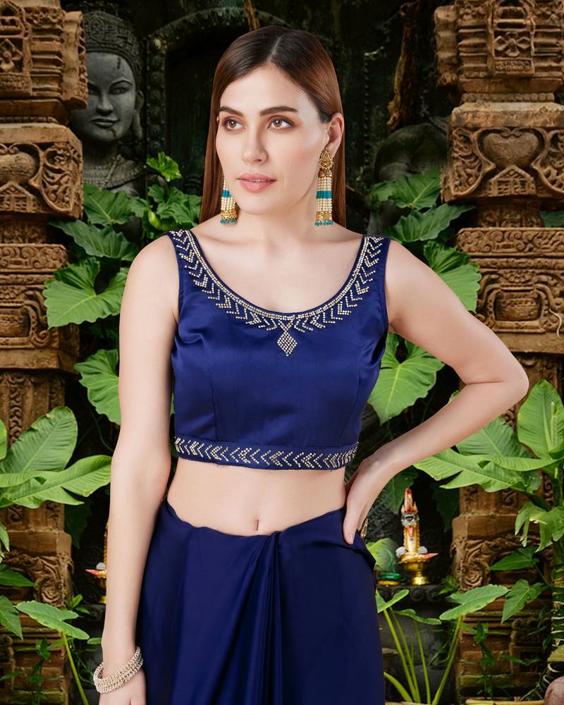 Trendmalls Plain Satin Navy Blue Saree With Swarovski Work Border and Belt 